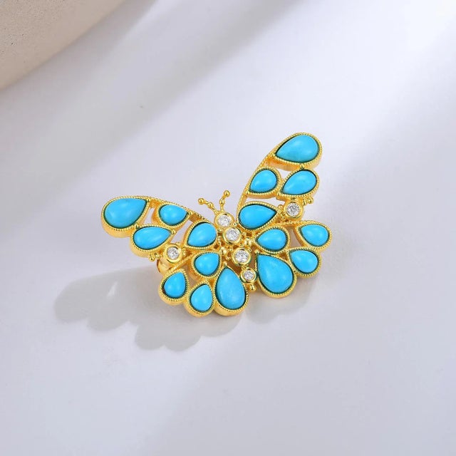 Contemporary Nina Zhou Butterfly Turquoise Diamond Brooch in 14k Yellow Gold For Sale - Image 3 of 6