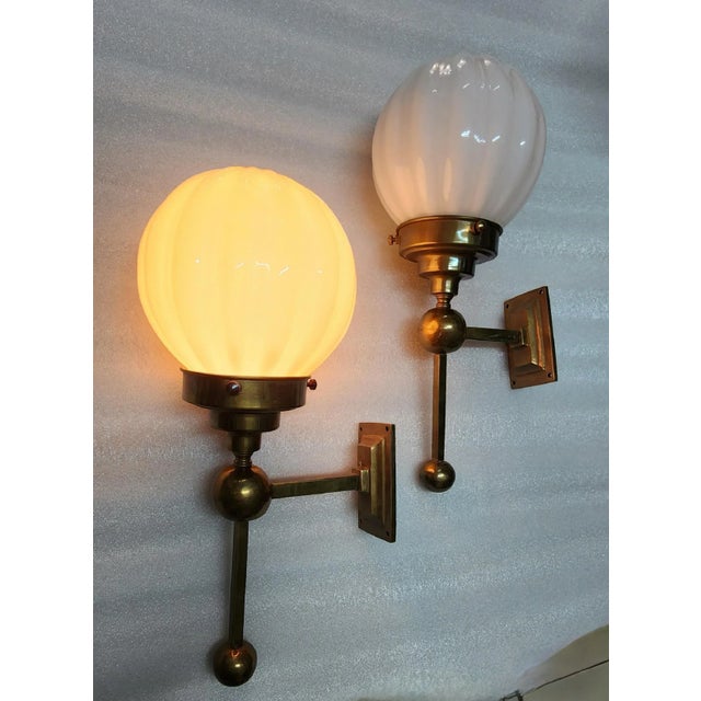Pair Vintage Art Deco Wall Sconces in Brass & Ribbed Milk Glass Shade Ship Light For Sale - Image 4 of 6