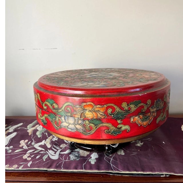 Red Antique Style Chinese Cinnabar Red Lacquer Lotus Flower Round Box 14x5" For Sale - Image 8 of 8