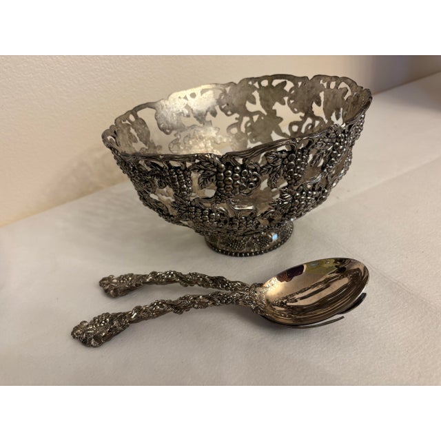 Victorian Vintage Godinger Silver-Plated Grapevine Pedestal Salad Bowl and Servers - 3 Pieces For Sale - Image 3 of 3