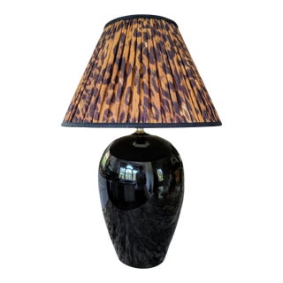 1980s Black Ceramic Lamp With Pleated Leopard Print Lamp Shade For Sale