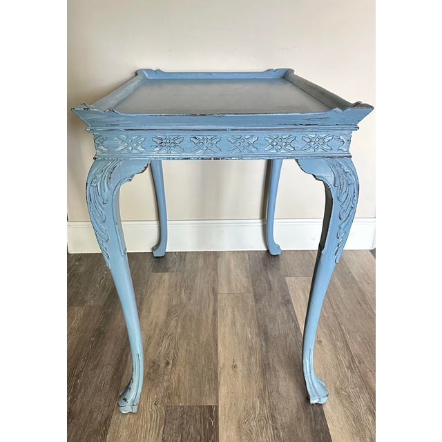 Shabby Chic Antique Early 20th Century Blue French Country Carved Wood Rustic Console/Accent Table For Sale - Image 3 of 12