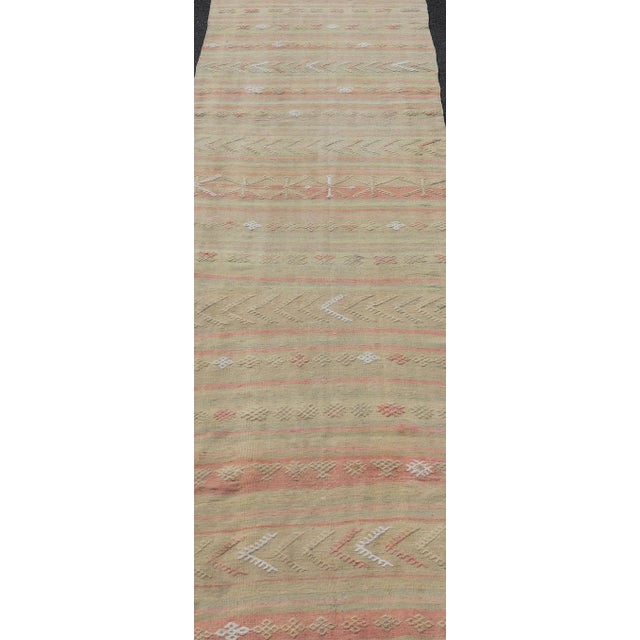Mid 20th Century Vintage Striped Turkish Kilim Runner With Stripes in Tan Ivory & Light Coral For Sale - Image 4 of 12