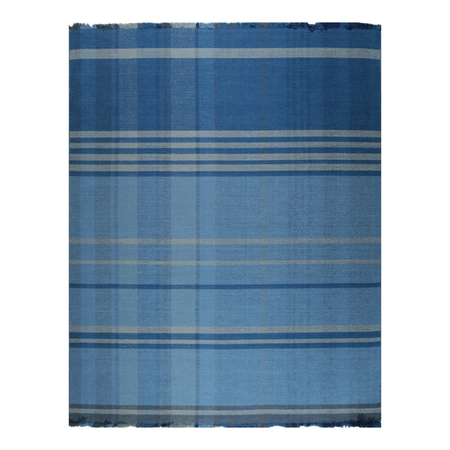 Blue Plaid Flatweave Wool Rug 10x14 For Sale
