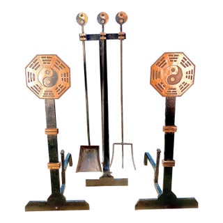 1940's Yin & Yang Fireplace Set in Wrought Iron & Copper For Sale