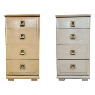 Pair of 1940's Permanized 4-Drawer Nightstands With Square Pulls by Raymond Loewy for Mengel For Sale