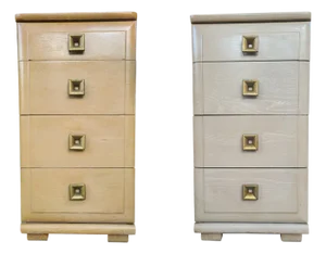 Pair of 1940's Permanized 4-Drawer Nightstands With Square Pulls by Raymond Loewy for Mengel