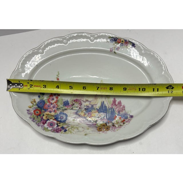 Mid 20th Century Mid 20th Century Japanese Porcelain Oval Platter With English Cottage Garden Scene, C. 1950s For Sale - Image 5 of 5