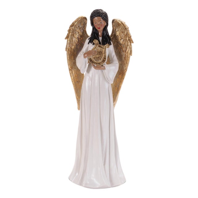 Angel Figurine with Harp andGold Wings For Sale