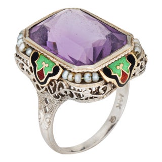 Vintage Art Deco Amethyst Ring Enamel Cocktail 14k Gold Filigree Size 7 For Sale