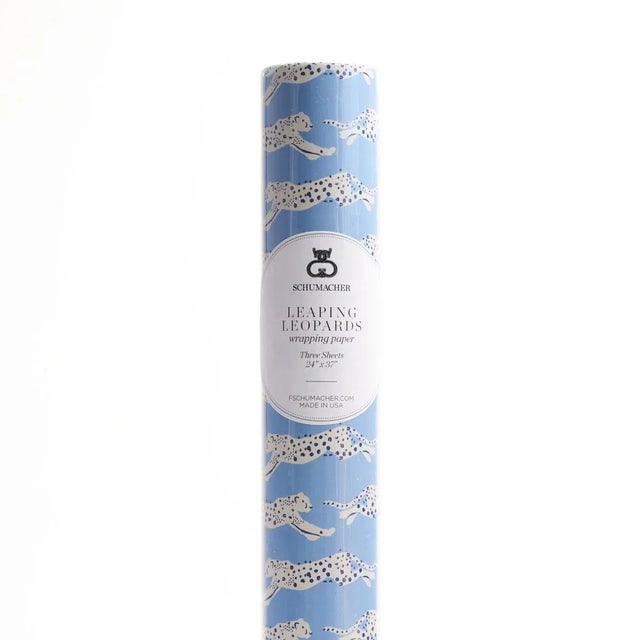 Contemporary Schumacher Leaping Leopards Wrapping Paper in Sky For Sale - Image 3 of 4