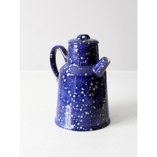 Late 20th Century Vintage Blue Ceramic Teapot - Enamelware Style For Sale - Image 5 of 10