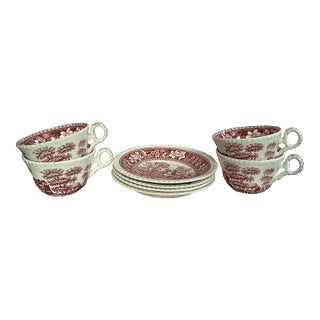 Final Markdown. Rare Find; Spode “Pink Tower” Design English Transferware Tea Cup & Saucer Set for 4(8 Pcs)Charming Ring Shaped Handles on Tea Cups. For Sale