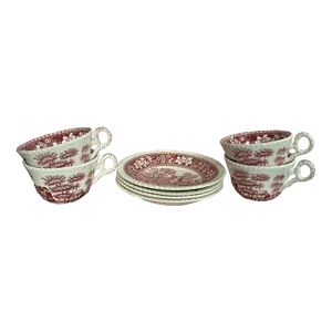 Final Markdown. Rare Find; Spode “Pink Tower” Design English Transferware Tea Cup & Saucer Set for 4(8 Pcs)Charming Ring Shaped Handles on Tea Cups.