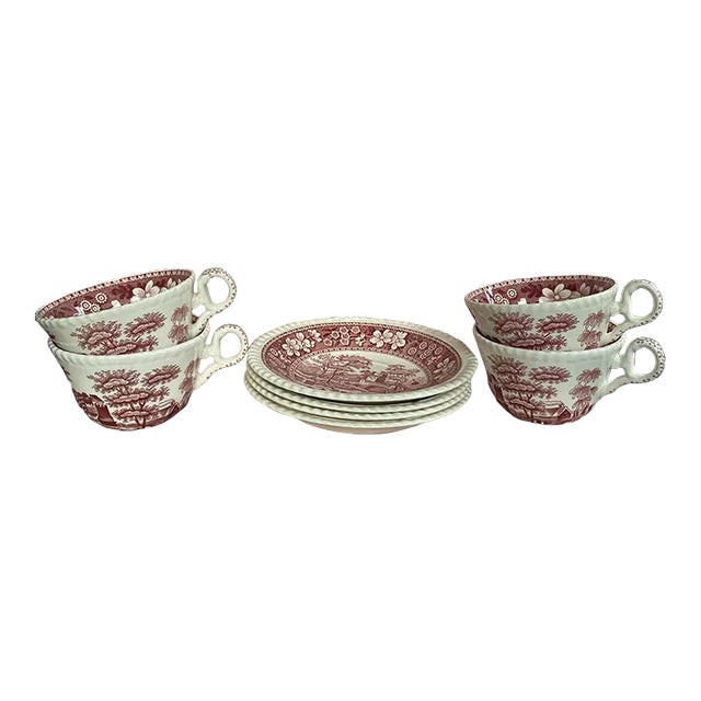 Rare Find; Spode “Pink Tower” Design English Transferware Tea Cup & Saucer Set for 4(8 Pcs)Charming Ring Shaped Handles on Tea Cups. For Sale