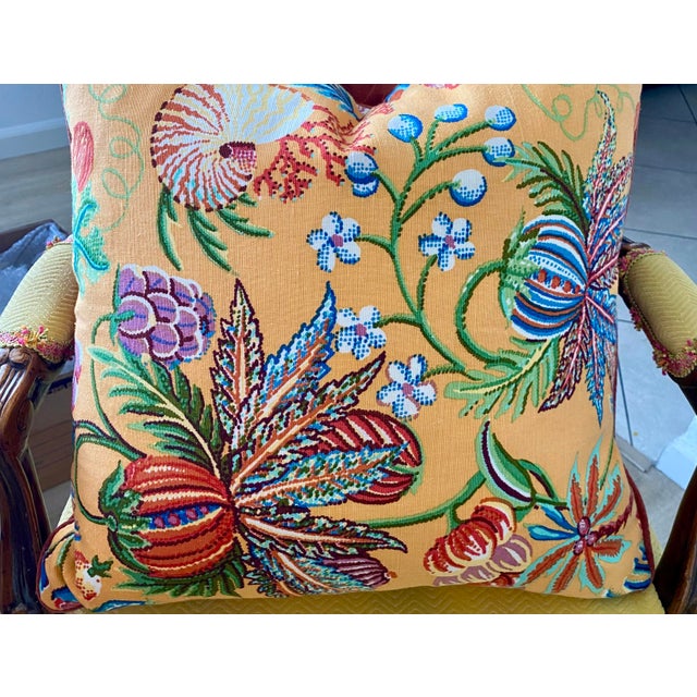 Quadrille "Jacaranda" on Mango ground sofa pillow - Gorgeous color! Down-filled pillow insert and copper-colored chenille...