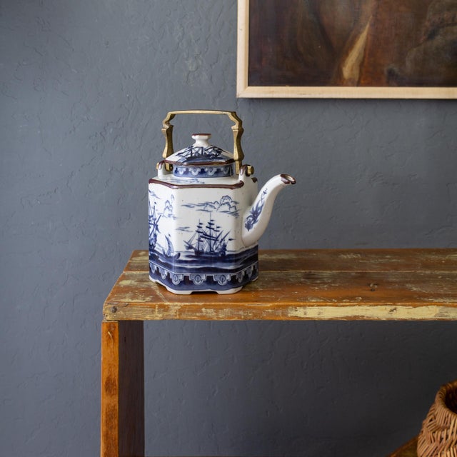 Chinoiserie 1960s Chinoiserie Nautical Maritime Earthenware Teapot With Blue Nautical Ships For Sale - Image 3 of 16