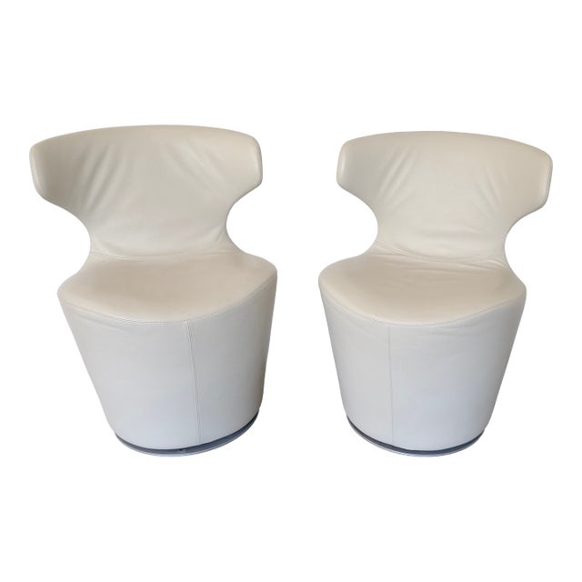 Pair of B&b Italia Mini Papilio Beige Leather Swivel Chairs For Sale