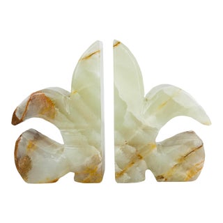 Vintage Fleur De Lis White Onyx Stone Bookends For Sale