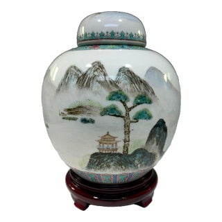 Vintage Chinese Porcelain Ginger Jar Hand Painted Landscape Calligraphy W/Stand For Sale