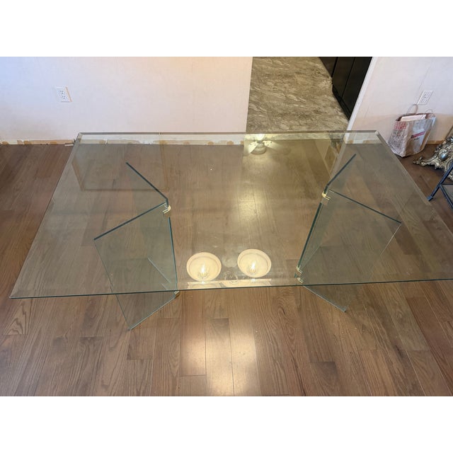 Metal Vintage 1980s Attributed to Leon Rosen for Pace Rectangular Glass Dining Table With Brass For Sale - Image 7 of 10