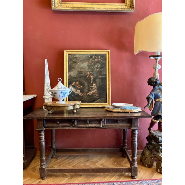 This antique Baroque period oil on canvas painting, is an authentic 1600s Italian School Allegory of Winter featuring...