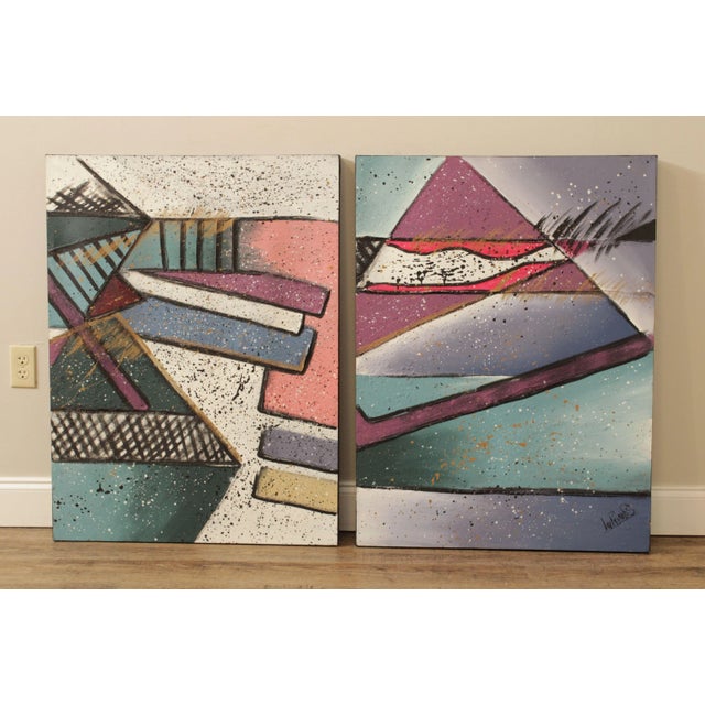 Lee Reynolds Burr (American/California, b. 1936), Untitled-Post Modern Angular Abstract, Oil on Pair of Canvas, Signed...