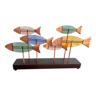 Vintage Leaded Slag Glass and Copper School of Fish Sculpture Styled Alter Curtis Jere For Sale