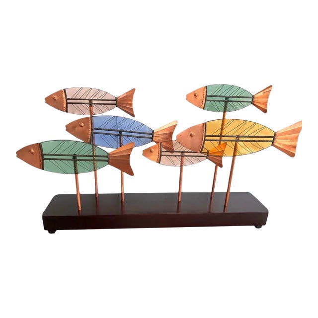 Vintage Leaded Slag Glass and Copper School of Fish Sculpture Styled Alter Curtis Jere For Sale