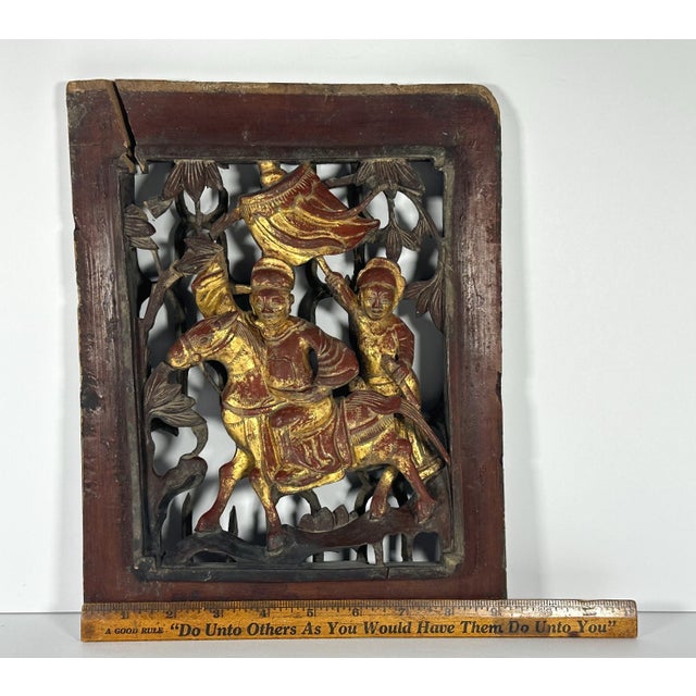 Antique Gilt Lacquered Chinese Panel: Horse & Warriors, Qing Dynasty For Sale - Image 9 of 10