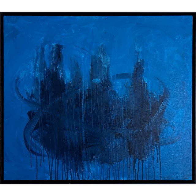 Blue Fusion, Contemporary Framed Abstract Acrylic Painting by Stephen Remick For Sale