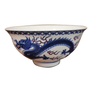 Vintage Porcelain Handmade and Painted Dragon Chinese Rice Bowl