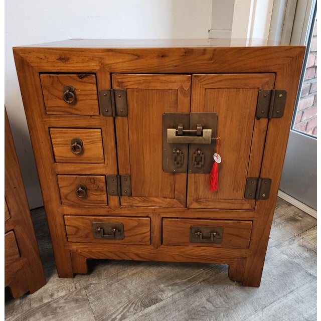 Michael S Smith Vintage Chinese Elm Apothecary Nightstands / Bedside Cabinets - A Pair For Sale - Image 4 of 18