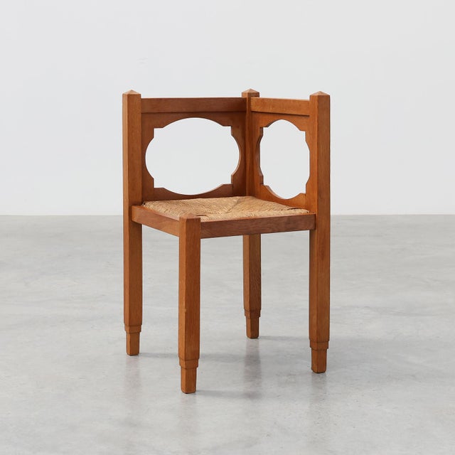 Art Deco Oak Corner Chair with Cut‑Out Backrest and Rush Seat, Belgium, 1920 For Sale - Image 11 of 11
