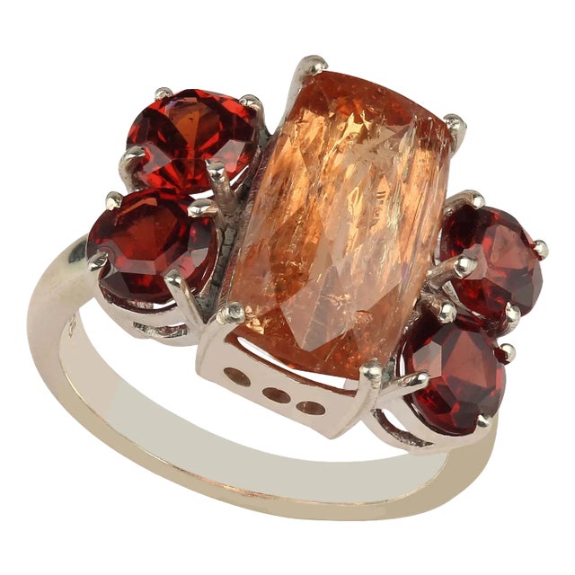 Bold Dinner Ring of Imperial Topaz and Red Garnets Sterling Silver For Sale