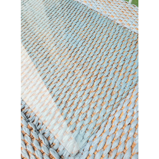 Vintage Century Furniture Custom Painted Light Blue, Tan Rectangular Coastal Regency Wicker Coffee Table With Glass Top For Sale - Image 10 of 13