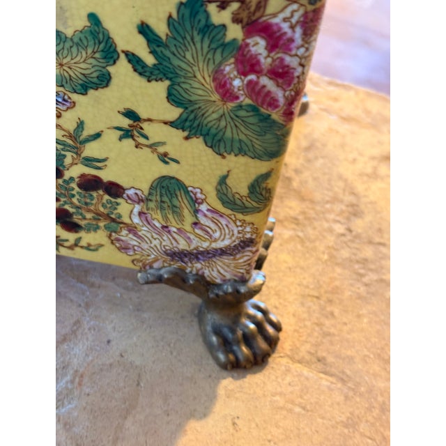 Metal Vintage Set of 2 Large Yellow Gold Paw Footed Garden Urn Jars Brass Caps For Sale - Image 7 of 18