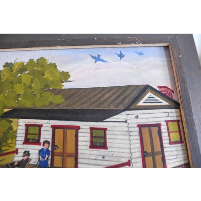 Textile 1970s Folk Art Farmhouse Landscape Scene Framed Oil on Canvas by H. Burger For Sale - Image 7 of 10