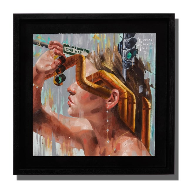 Early 21st Century Safe Passage by Stefan Smit | Oil Painting of a woman holding a paint roller and traffic sign. For Sale - Image 5 of 5