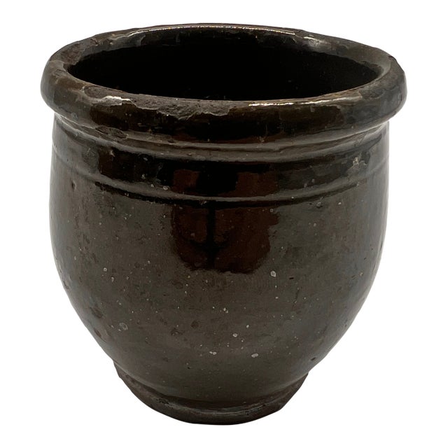 A Rare Green Glazed Small Antique Pennsylvania Folk Art Redware Storage Crock, 1850's For Sale