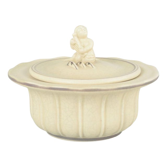 Art Deco Faience Jar with Lid and Figural Knob by Jens Jacob Bregnø for Royal Copenhagen, 1930s For Sale