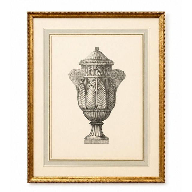 An elegant set of six Italian Neoclassical-style etchings, dating to the Mid-20th century, depicting an assortment of...