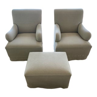 Belgian Libeco Linen Armchairs and Skirted Ottoman For Sale