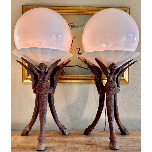 Antique French Pair of Cast Iron Alabaster Globe Table Lamps Featuring Three Sculptural Angels With Wings and Hooves For Sale In San Diego - Image 6 of 12