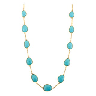 Boho Chic Style 24.26 Ct Turquoise Cabochon Station Necklace in 14k Gold For Sale