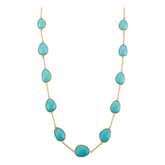 Boho Chic Style 24.26 Ct Turquoise Cabochon Station Necklace in 14k Gold For Sale