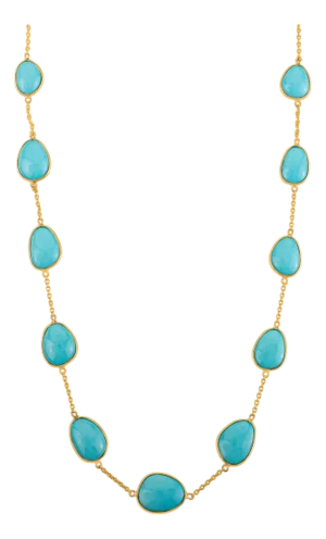 Boho Chic Style 24.26 Ct Turquoise Cabochon Station Necklace in 14k Gold