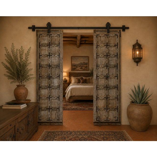 This outstanding door from Gujarat, c. 1880-1900, of 16 small panels per side, has beautiful carved moldings around each...