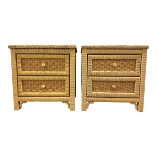 Vintage Henry Link Wicker 2-Drawer Nightstands - Set of 2 For Sale