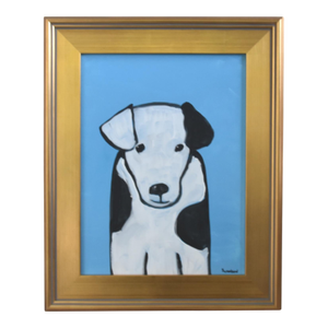 Folk Art Doggie Dog Puppy Oil Painting Including the Antiqued Gold Wood Frame
